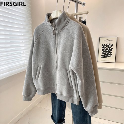 FIRSGIRL 여성 기모 집업 하이넥 따뜻한 포켓 루즈핏 그레이