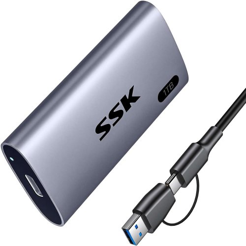 SSK 1TB 휴대용 SSD 외장 하드 드라이브 솔리드 스테이트 최대 550MBs USB 3.2 Gen2 6Gbps USB-C 케이블 및 USB-A 어댑터 LED 트림 SMART
