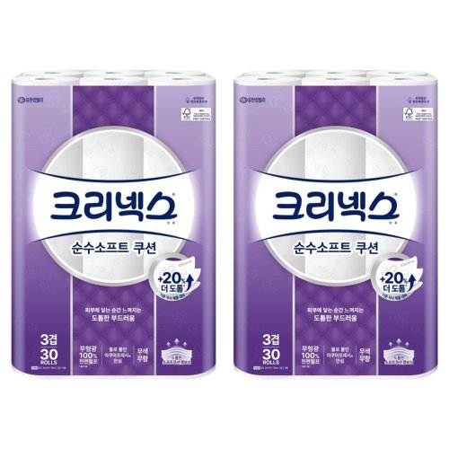 크리넥스 3겹 순수 소프트 천연펄프 롤화장지, 30m, 30개입, 2개