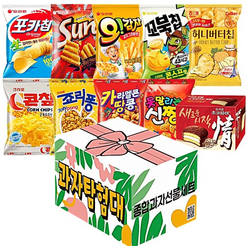 과자탐험대 리본박스 10종 종합 과자 세트) 오리온 + 포카칩 + 썬칩 + 오감자 + 꼬북칩 + 허니버터칩 + 콘칩 + 죠리퐁 + 카라멜콘땅콩 + 못말리는신짱 + 초코파이, 1세트, 10종 리본상자 과자세트
