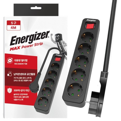 에너자이저 과부하차단 고용량 3680W 멀티탭 5구, 2m, 블랙, 1개