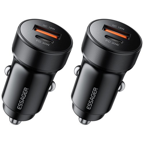 ESSAGER QC3.0 30W 듀얼 포트 C타입 차량용 고속 충전기, 블랙, 2개