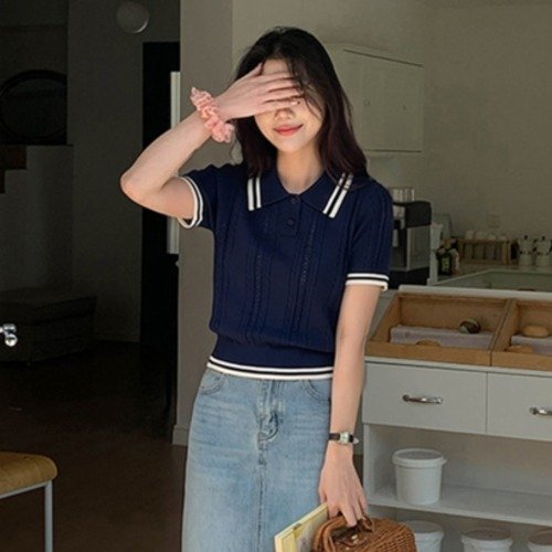 타니즈 여성용 다이븐 배색 피케카라 버튼 반팔 니트