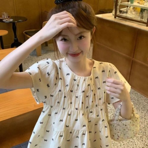 유니픽  여성 여름 귀여운 리본 프린트 반팔 원피스 내추럴 캐주얼 스타일zhb